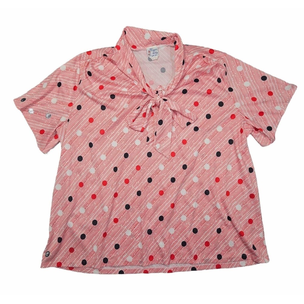 Vintage Tiger Lily Secretary‎ Blouse Shirt Bow Neck Polka Dot Red White 70s